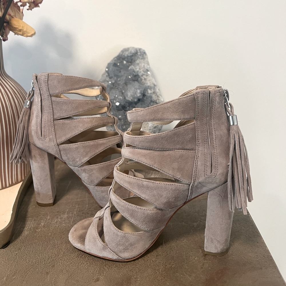 Marc Fisher Taupe Suede Gladiator Sandal Booties + Rear Zipper + Tassel Pull.